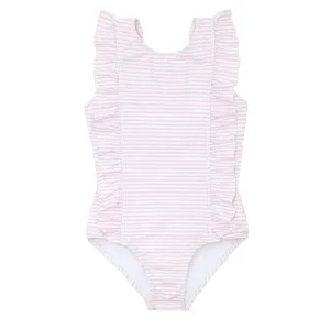 girls pink stripe ruffle one piece